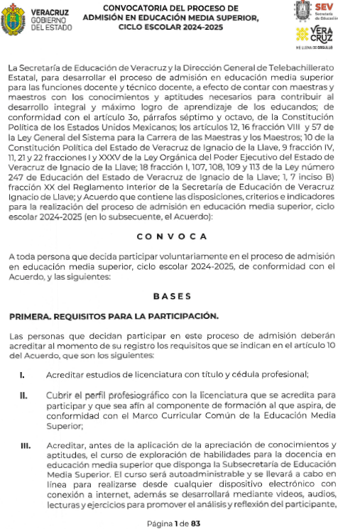 Hoja principal de convocatoria de telebachillerato